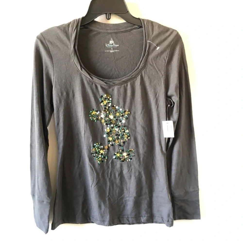 Disney Parks Gray Micky Mouse Sequins Long Sleeve Tee S